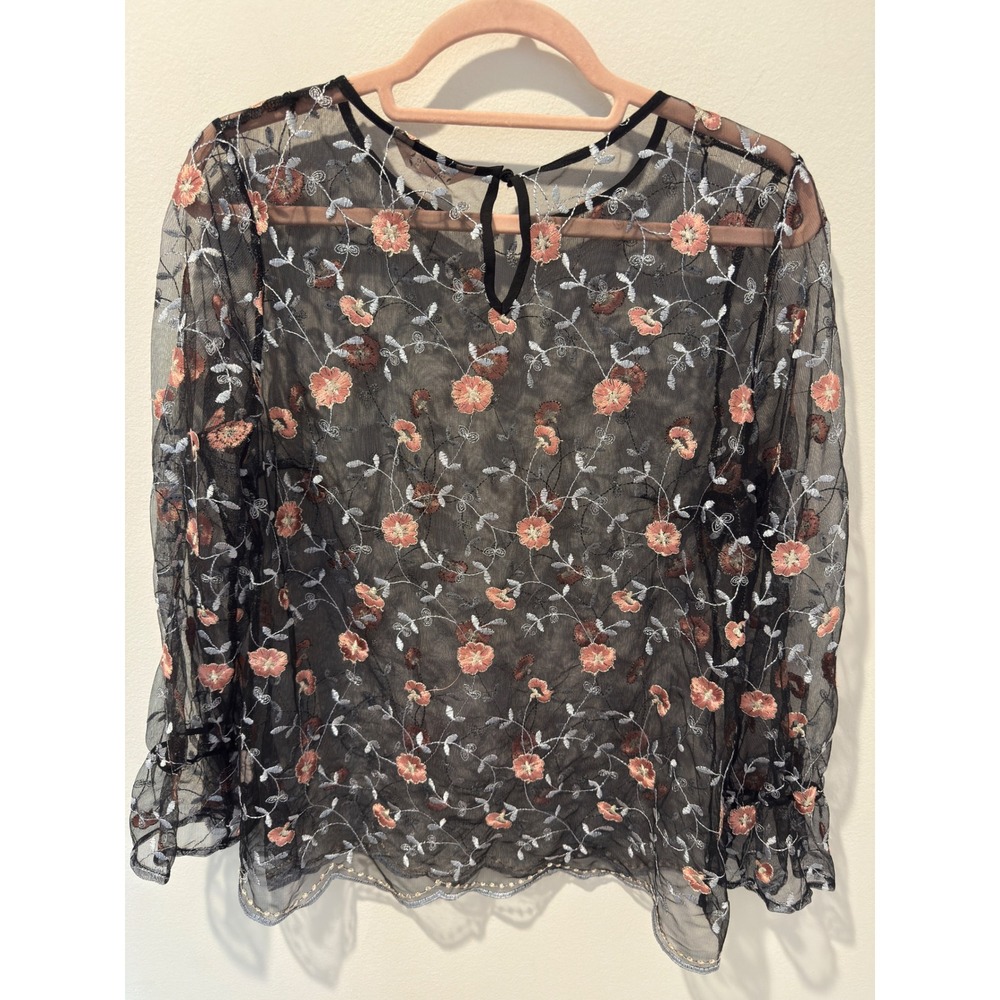 Nanette Lepore Sheer Black Floral Embroidered Mesh Blouse - Picture 5 of 5